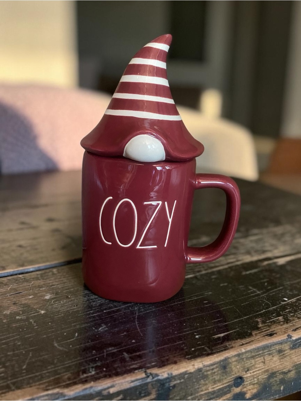 Rae Dunn ceramic fall Cozy Maroon Gnome topper Mug with Striped Hat